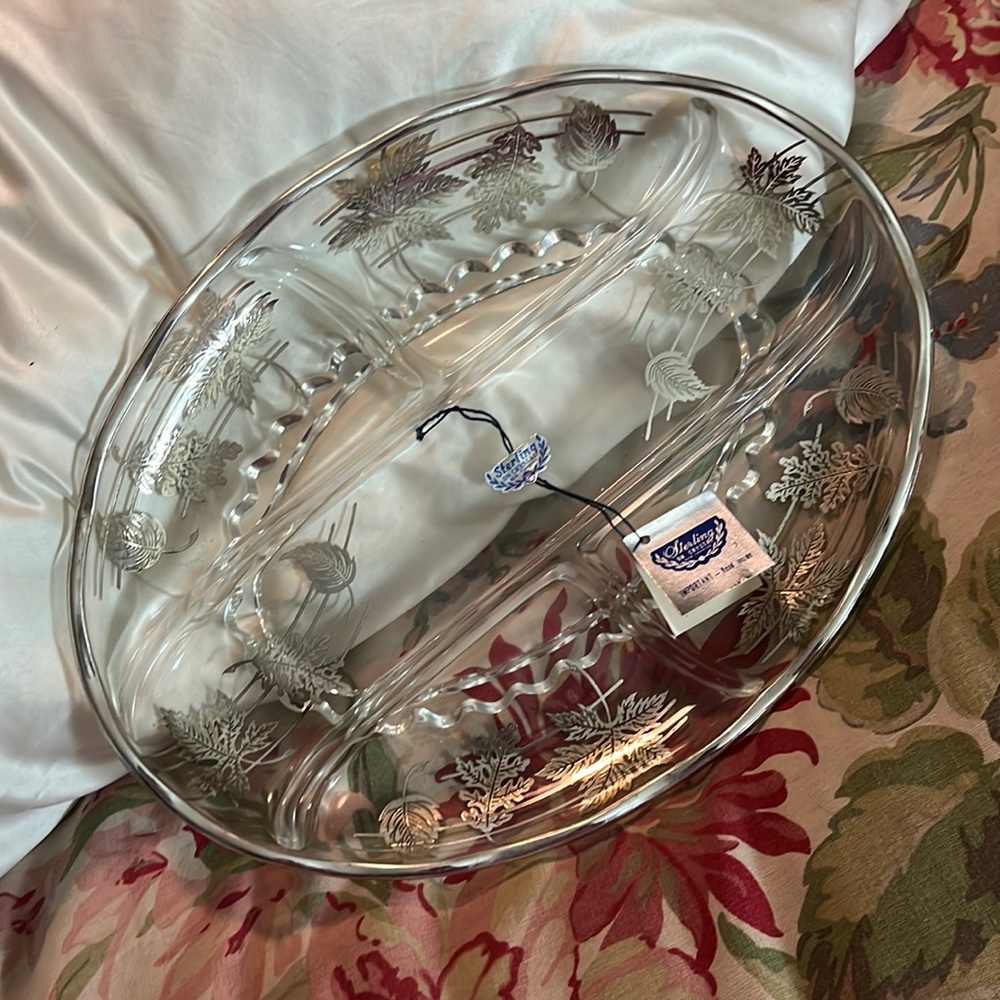 Vintage MCM SILVER CITY GLASS CO Sterling on Crystal Serving Tray Floral Design